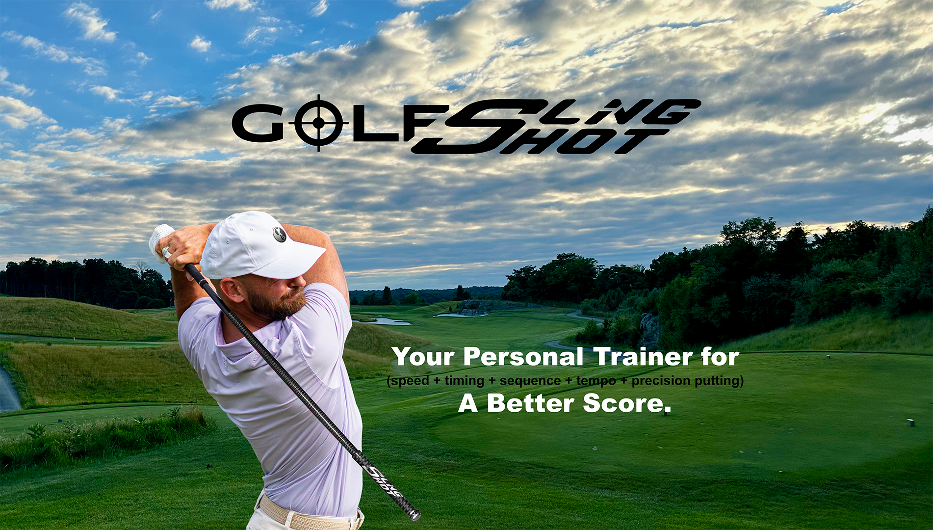 Golfer in action on a golf course with 'GolfSlingShot' branding and text.