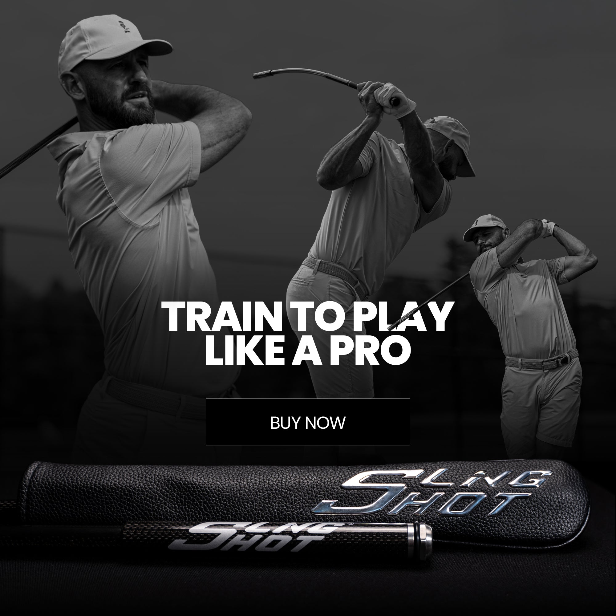 A pro training with the golf training product with text 'Train to Play Like a Pro' and 'SlingShot' branding.